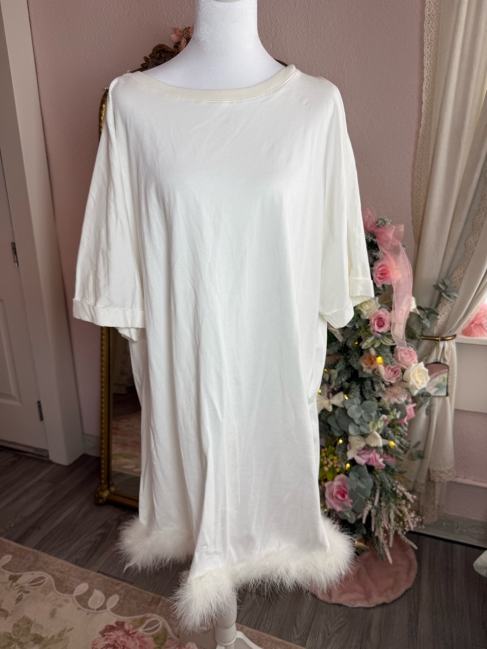 White Feather-Trim Sleep Dress